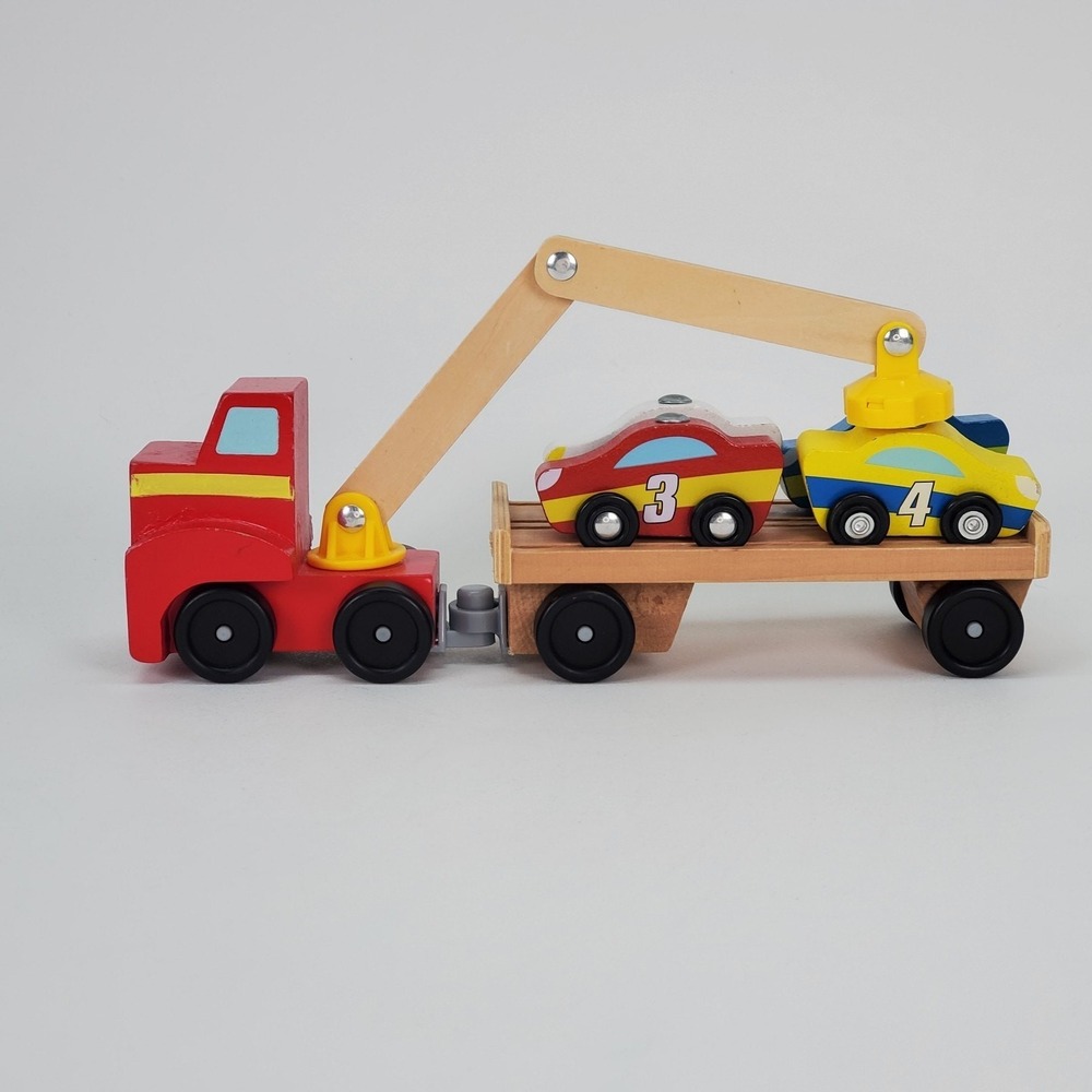 Melissa & Doug WOODEN Magnetic CAR LOADER Set 4 Cars Semi Truck Trailer